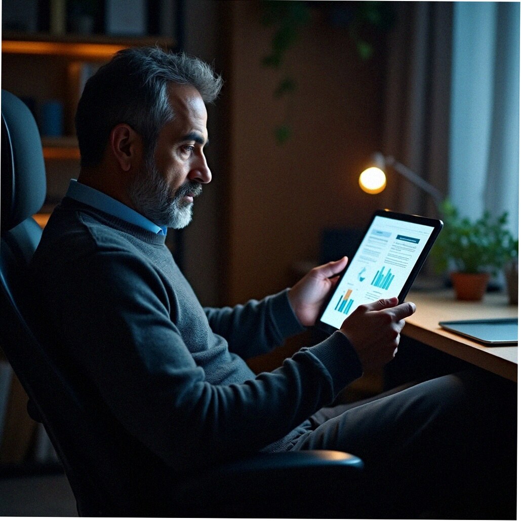 Tablet üzerinde dijital finans rehberi okuyan kişi